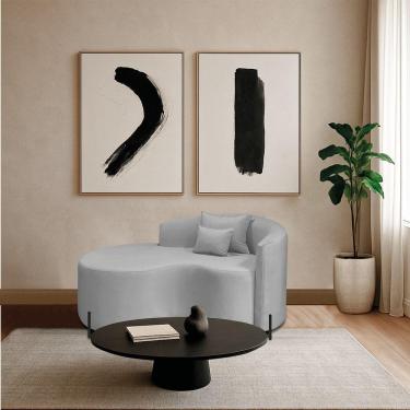 Imagem de Divã Recamier Curvo Sala De Estar Recepção Inglaterra 150cm Pés Metal Preto Lado Esquerdo Linho Cor Cinza Claro