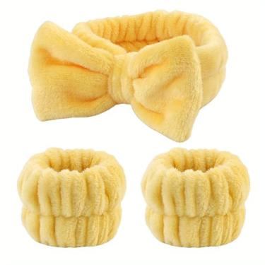 Imagem de Conjunto de 3 faixas de cabelo para lavagem facial, flanela, laço elástico, para maquiagem, cuidados com a pele, spa, uso de beleza, rotina, amarelo