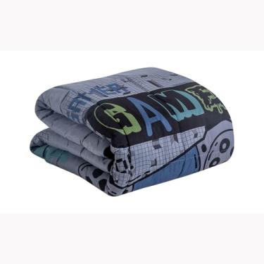 Imagem de Kit Edredom Solteiro Juvenil, 5 Peças, Game Cinza, Pequeno Solteiro, Edredom + Porta-travesseiro + Fronha + 2 Capas de Almofada, Contemporâneo, Geométrico, Poliéster