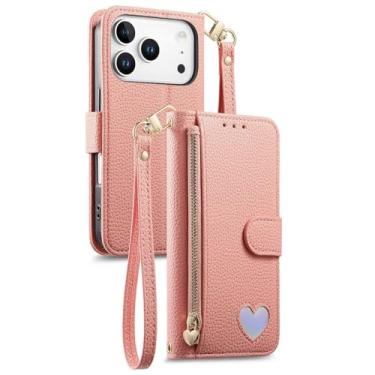 Imagem de POYUFRG Capa flip para iPhone 17 Pro Max/17 Pro/17 Air/17, carteira com zíper elegante padrão lichia capa de couro com porta-cartão, rosa, 17