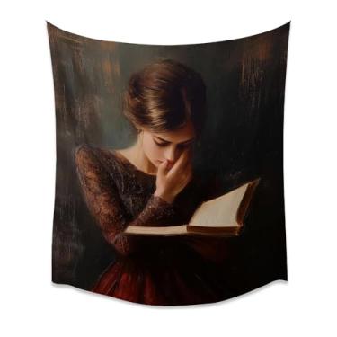 Imagem de Tapeçaria Retro Victorian Girl Reading Book Dark Academia Retrato Moody Brown Dress Wall Hanging Art Estética Sala de Estudo Biblioteca Decoração para Quarto Escritório Branco 76 x 101 cm