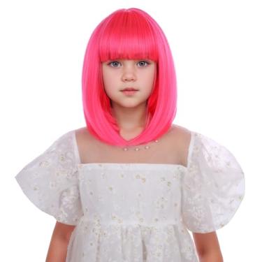 Imagem de Edivd Peruca feminina rosa choque bob infantil curta rosa vermelha reta peruca infantil neon rosa bob peruca com franja resistente ao calor cabelo sintético com touca