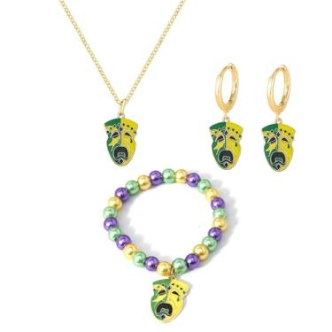 Imagem de QLUYCKW Mardi Gras Colar Brinco Pulseira Conjunto para Mulheres Carnaval Coroa Máscara Chapéu Pingente Colar Roxo Verde Ouro Contas Pulseiras Elásticas Carnaval Feriado Charme Acessório Joias, Medium