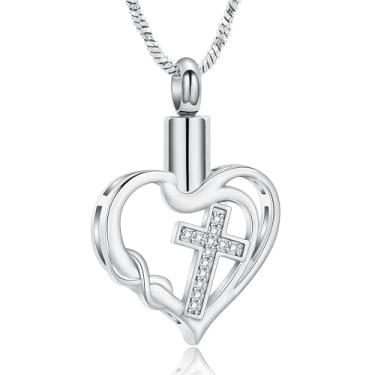 Imagem de Yinplsmemory Colar com pingente de urna de coração infinito para mulheres e homens com cruz de cristal memorial cremação joia funeral, Aço inoxidável, Sem Pedra Preciosa