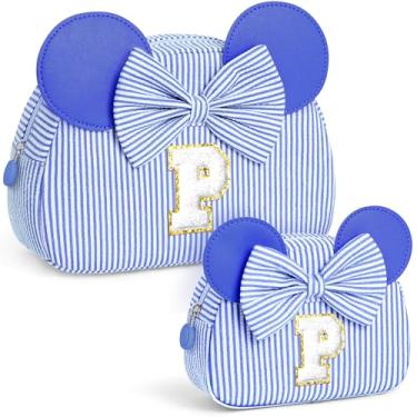 Imagem de QLOVEA Presentes de Natal para netos, bolsa de cosméticos inicial, bolsa de maquiagem de viagem, presentes de aniversário personalizados para crianças, Azul