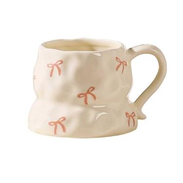 Imagem de Caneca de café de cerâmica feita à mão com estampa de corações de flores fofas - xícara de café artística exclusiva de 400 ml, presente criativo para chá, cappuccino e uso no escritório (1, laço)