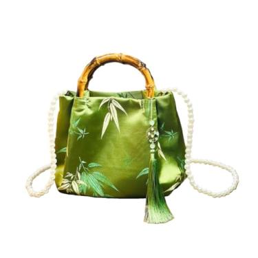 Imagem de Bolsa feminina chique Cheongsam retrô brocado folha jacquard Hanfu bolsa clutch noite com corrente de contas, Verde, One Size