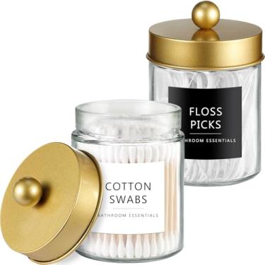 Imagem de Amolliar Potes de boticário organizador de armazenamento de banheiro - Recipiente organizador de armazenamento - Suporte de dispensador de vidro fofo Qtip com tampa para bolas de algodão Q-Tips