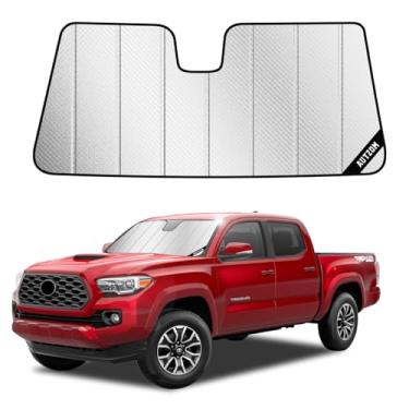Imagem de Para-brisa para Toyota Tacoma, capa de para-brisa com bloqueio de UV de ajuste personalizado, persianas dobráveis para janela de carro, acessórios frescos interiores Tacoma 2018-2023 (prata brilhante