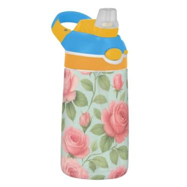 Imagem de Garrafa de água esportiva Tritan de 473 ml com canudo para crianças, meninas, meninos, garrafa de água reutilizável de 473 ml, copo infantil portátil à prova de vazamento, alça de transporte, rosas
