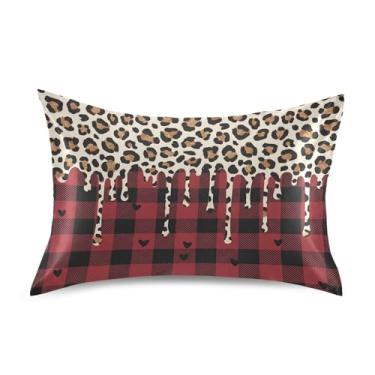 Imagem de Wassud Fronha de cetim xadrez leopardo para o dia dos namorados para cabelo e pele, fronhas de seda lisa, tamanho queen, respirável, com fecho de envelope
