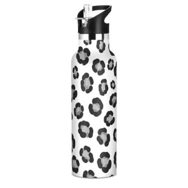 Imagem de Joisal Garrafas de água isoladas para meninas de 590 ml com tampa de palha, garrafa de água de aço inoxidável preto cinza leopardo branco para escola com alça, copos infantis à prova de vazamento