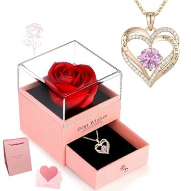 Imagem de Elegante conjunto de presente de rosa artificial com colar de pingente de coração, ideal para mãe, esposa, namorada, melhor amiga, para Natal, dia dos namorados, dia das mães, aniversário e