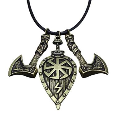 Imagem de MayiaHey Colar masculino nórdico viking com espada com escudo de machado celta, amuleto de runa celta, punk odin machado com pingente de escudo, Aço inoxidável, não