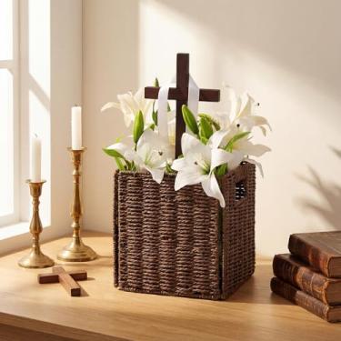 Imagem de Thyle Cesto de decoração de Páscoa e cruz de madeira, caixa organizadora dobrável de 22 x 21 cm, Jesus Cristo, cruz católica, decoração religiosa, prateleira de mesa para escritório em casa
