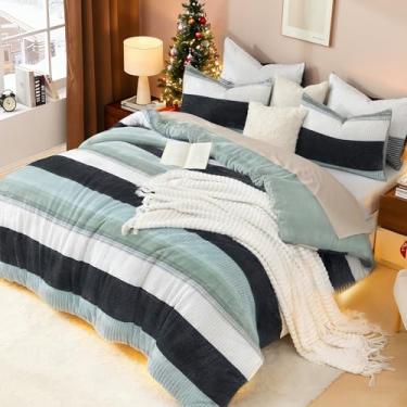 Imagem de Litanika Conjunto de edredom Queen fofo, luxuoso, macio, felpudo, felpudo, listrado, verde sálvia, conjunto de cama de pele sintética quente para todas as estações (1 edredom, 2 fronhas)
