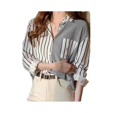 Imagem de Camisa Blusa Listrada De Manga Longa plus Size Para Mulheres Moda Vers