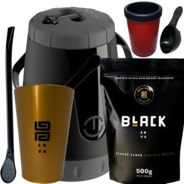 Imagem de Kit Para Tereré Black Erva Mate 500g Garrafa Lisa Copo Acrílico Dourad