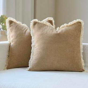 Imagem de Amor Virisso Capas de almofada com franjas 45,7 x 45,7 cm, conjunto de 2 fronhas decorativas Boho Neutral Farmhouse com borlas para sofá, cama, cáqui
