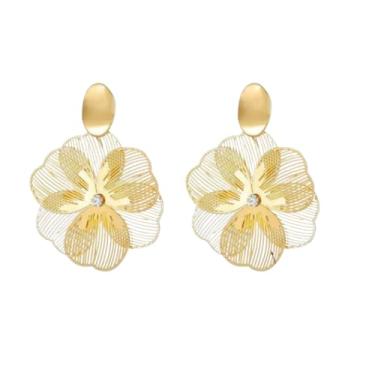 Imagem de Brincos de flor de ouro de camada dupla para mulheres, clipes de orelha vazados, zircão não perfurado