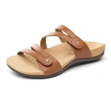 Imagem de Rihero Sandálias planas femininas ortopédicas com suporte de arco confortável e casual com alça ajustável para caminhadas no verão, Bronzeado, 34