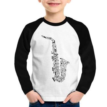 Imagem de Camiseta Raglan Infantil Saxofone Notas Musicais Manga Longa - Foca na