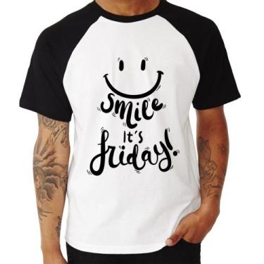 Imagem de Camiseta Raglan Smile, It's Friday! - Foca na Moda, Branco, Preto, GG