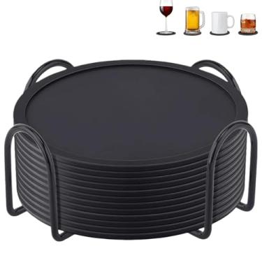 Imagem de Porta-copos para bebidas com suporte - 12 pacotes, porta-copos de silicone de 10 cm, proteção de mesa antitransbordamento (preto)