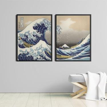 Imagem de Kit Quadros Decorativos Mosaico A Grande Onda de Kanagawa c/Moldura + Proteção em Vidro Acrílico (40x30 cm, Preta)
