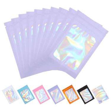 Imagem de Tiparts 100 sacos holográficos Mylar, sacos roxos resseláveis de 8 x 13 cm, com janela frontal transparente para armazenamento de alimentos, joias, doces, embalagens para pequenas empresas