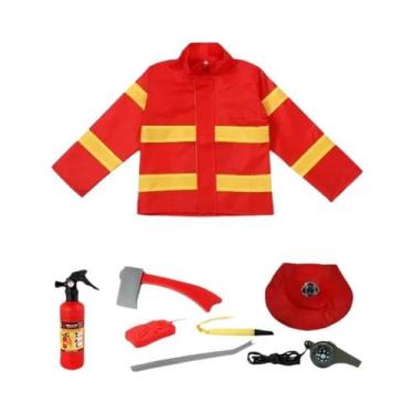 Imagem de Fantasia De Bombeiro Vermelha Para Crianças Com Extintor, Apito, Mangu