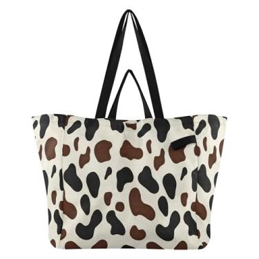Imagem de SEHANY Sacolas de compras reutilizáveis com estampa de vaca marrom e branca com alças reforçadas, bolsa de compras de lona dobrável à prova d'água de grande capacidade para viagem, cozinha, praia