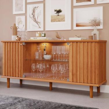 Imagem de Aparador Buffet Ripado 4 Porta com LED Vidro e Pes de Madeira 100  MDF Janice Cimol