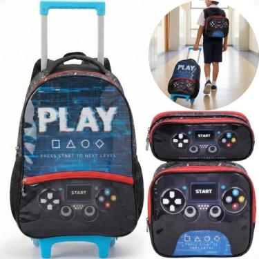 Imagem de Kit Mochila Escolar de Rodinhas Lancheira Estojo Video Game Play Start