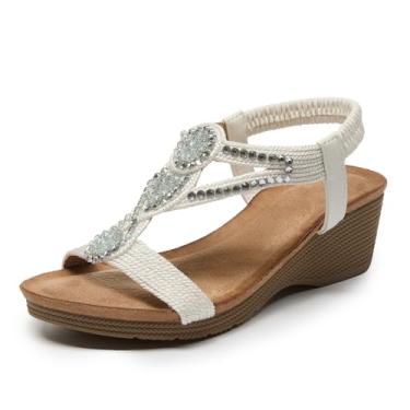 Imagem de youngshow Sandálias femininas de cunha, sandálias plataforma confortáveis com tira elástica no tornozelo, sola de borracha antiderrapante para uso diário, Branco Xjsw2541001, 38