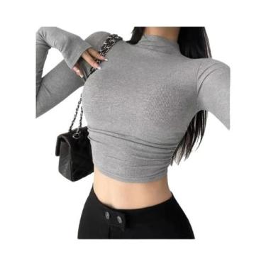 Imagem de Camiseta Cropped Feminina De Manga Longa Com Gola Alta Em Malha Canela