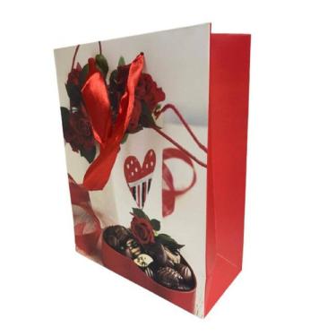 Imagem de Sacola Presente Flores Estampadas Vermelha 23X32X10Cm 922Est