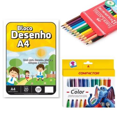 Imagem de Kit Artes Bloco Desenho Lápis de Cor Canetinha Hidrográfica - Faber Ca