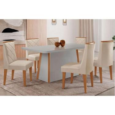 Imagem de Conjunto: Mesa de Cozinha Tilia Curvo 180cm + 6 Cadeiras Pietá Naturale/Off White - Suede Creme - Rufato