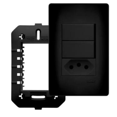 Imagem de Conjunto Interruptor Duplo Simples + Tomada 10A Habitat Black Preto - 