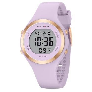 Imagem de GOLDEN HOUR Relógio esportivo feminino com pulseira de silicone com cronógrafo digital à prova d'água, Roxo claro