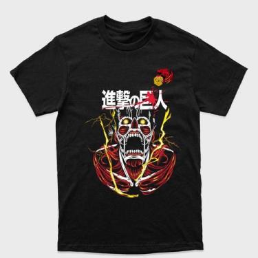 Imagem de Camiseta preta Attack on Titan  Titan  Titan colossal vermelho e amare