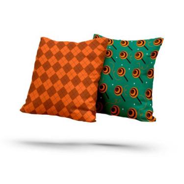 Imagem de Kit 2 Almofadas Com Enchimento Xadrez e Pirulitos Laranja e Verde - Fa