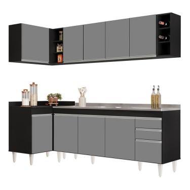 Imagem de Armário De Cozinha Modulado De Canto Direito 5 Peças Cp45 Com Pia Inox Preto-cinza - Lumil