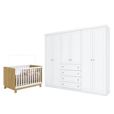 Imagem de Berço Americano Mini Cama Q Encanto Slim Freijó Branco Acetinado - Qmovi e Guarda Roupa Casal Americano 6 Portas Branco HP - Henn