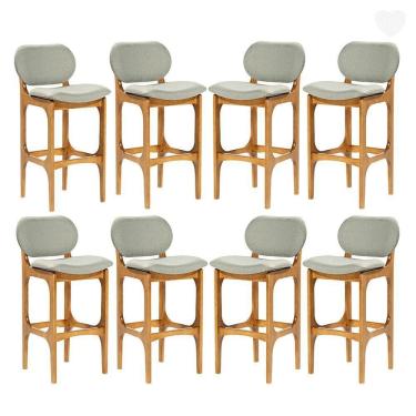 Imagem de Kit 8 Banquetas Alta Estofada Rafine Madeira Maciça Castanho Linho Verde