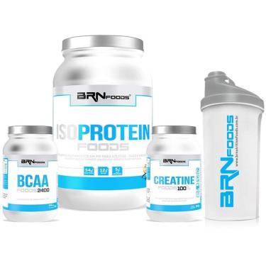 Imagem de Kit Iso Protein Foods 900 G + Creatina Foods 100% 300 + BCAA Foods 2400 200 Cáps + Coqueteleira-Unissex