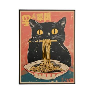 Imagem de Pôster Vintage Japonês De Gato Comendo Ramen E Sushi, Ilustração De Ga