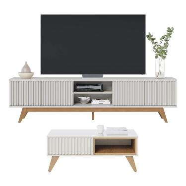 Imagem de Kit Sala de Estar Rack TV Fortaleza e Mesa de Centro em MDP MDF HDF Madeira Maciça 218cm Off White Freijó Colibri Móveis