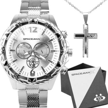 Imagem de Kit Relógio Analógico Masculino Spaceman com Pulseira em Aço Inox com Colar com Oração...